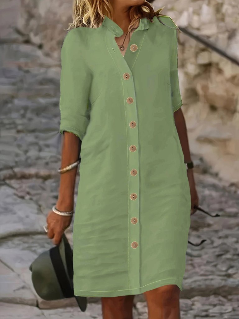 Women's Short Sleeve Mandarin Collar Button-Front Short Muslim Dress