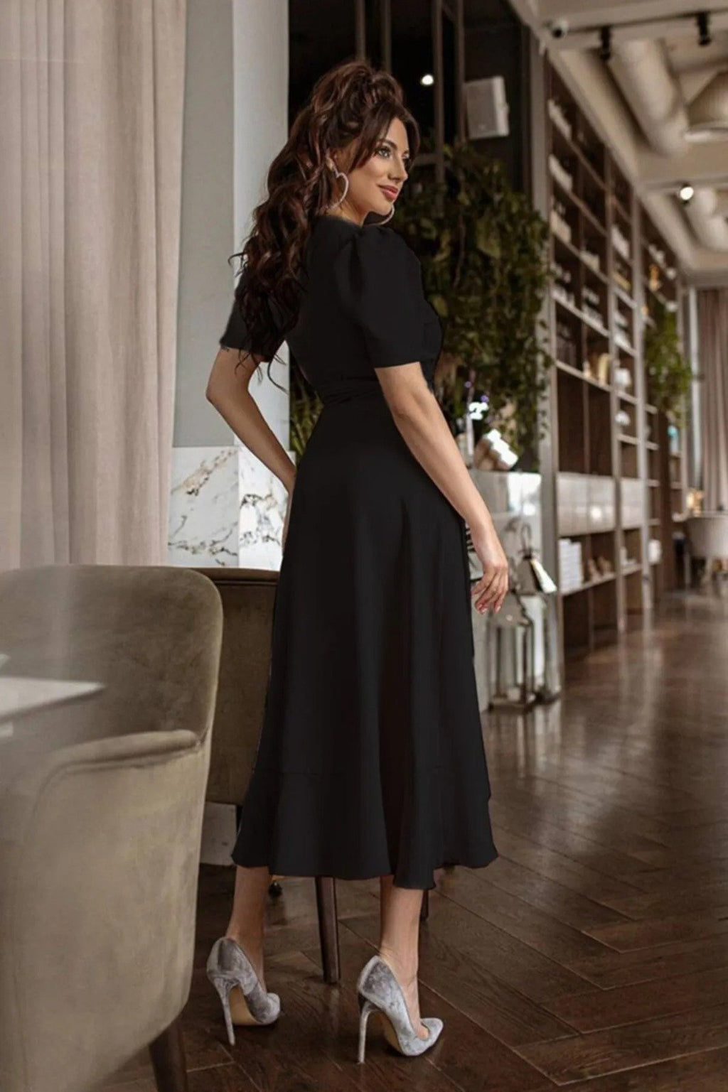 Women's Double-Breasted Midi Crepe Dress with Belt 120 cm