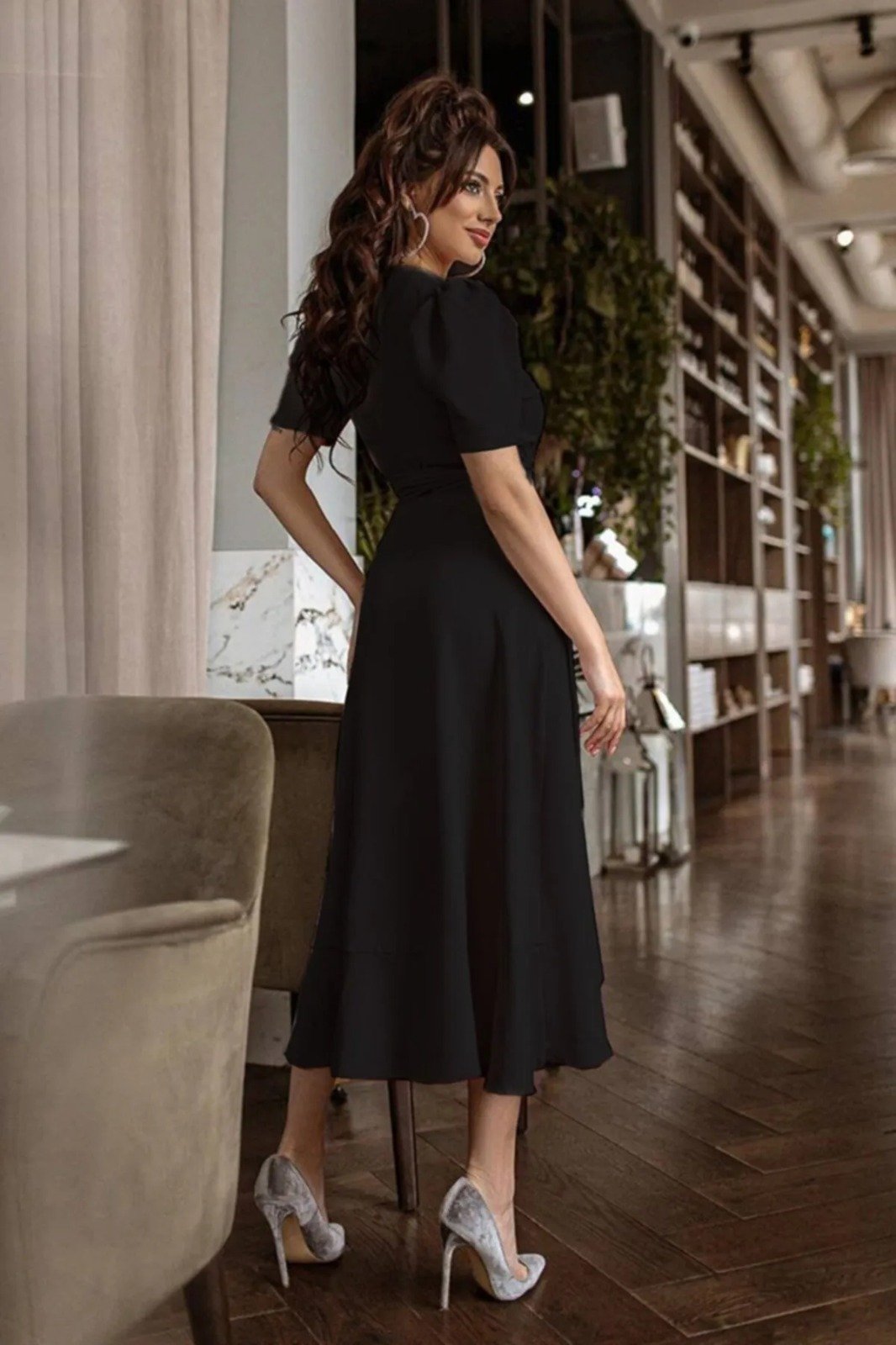 Women's Double-Breasted Midi Crepe Dress with Belt 120 cm