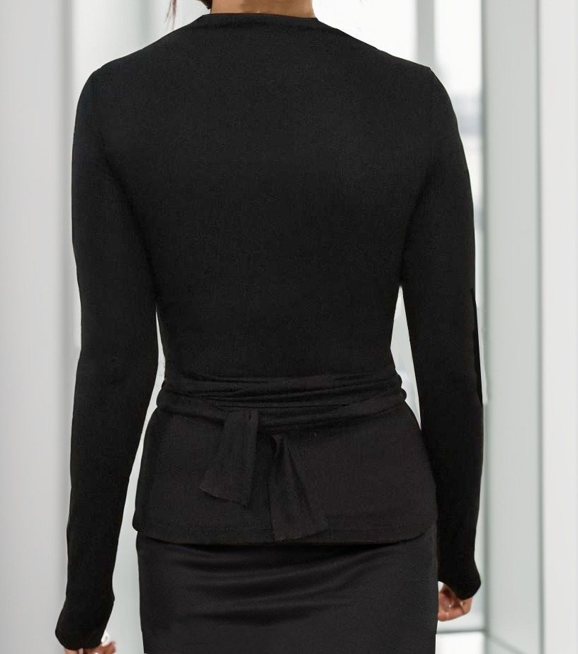 Women's Long Sleeve Crew Neck Shoulder-to-Long Striped Back-Tied Waistband Detail Viscose Blouse