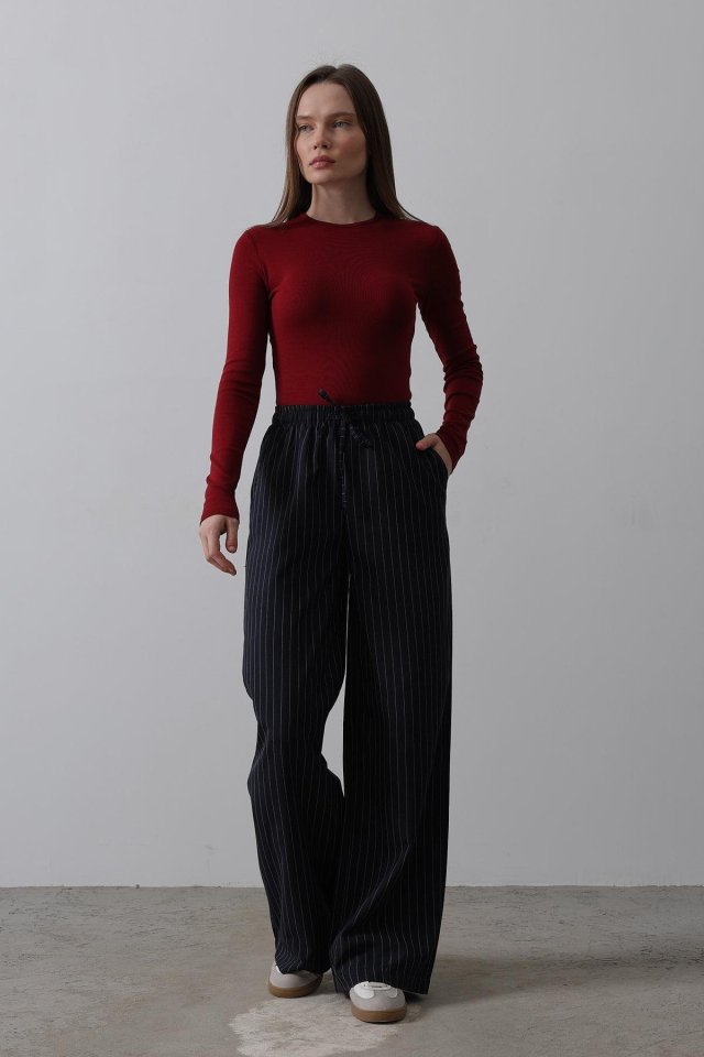 Beli Lastikli Bol Paça Pantolon - Lacivert-Beyaz