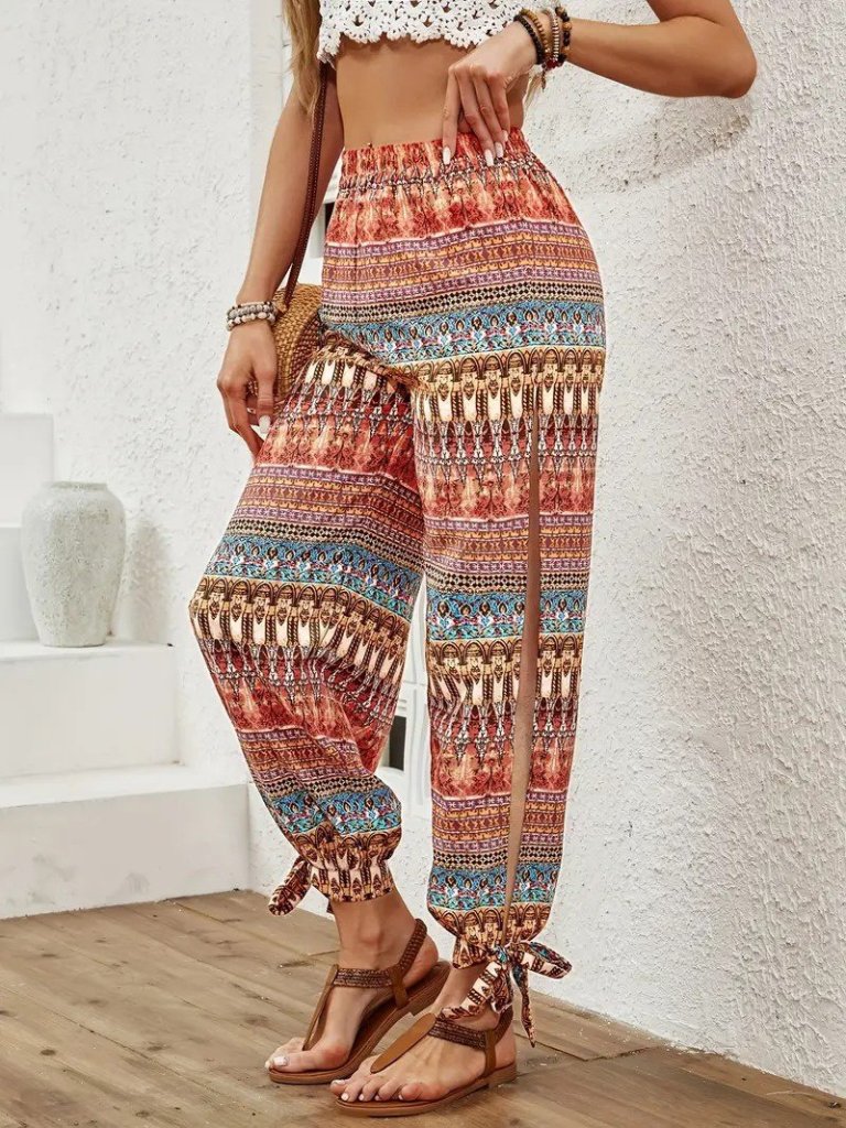 Women's High-Waist Patterned Shirred Trousers with Side Slits