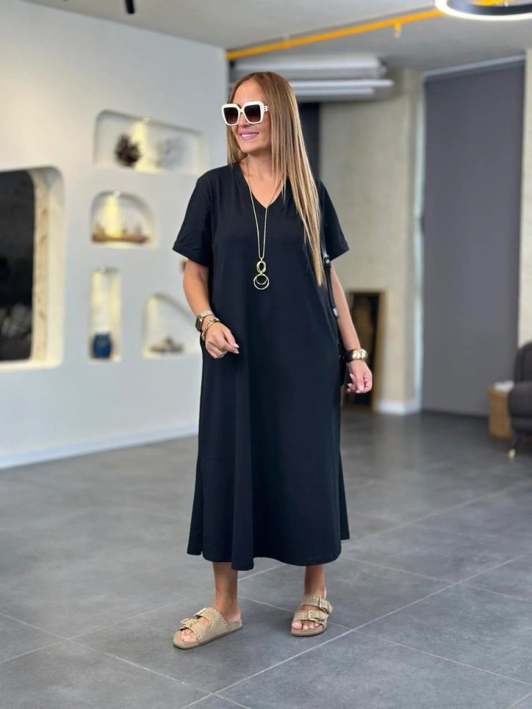 Women's Short-Sleeved V-Neck Pocket Detailed Long Viscose Two-Thread Dress