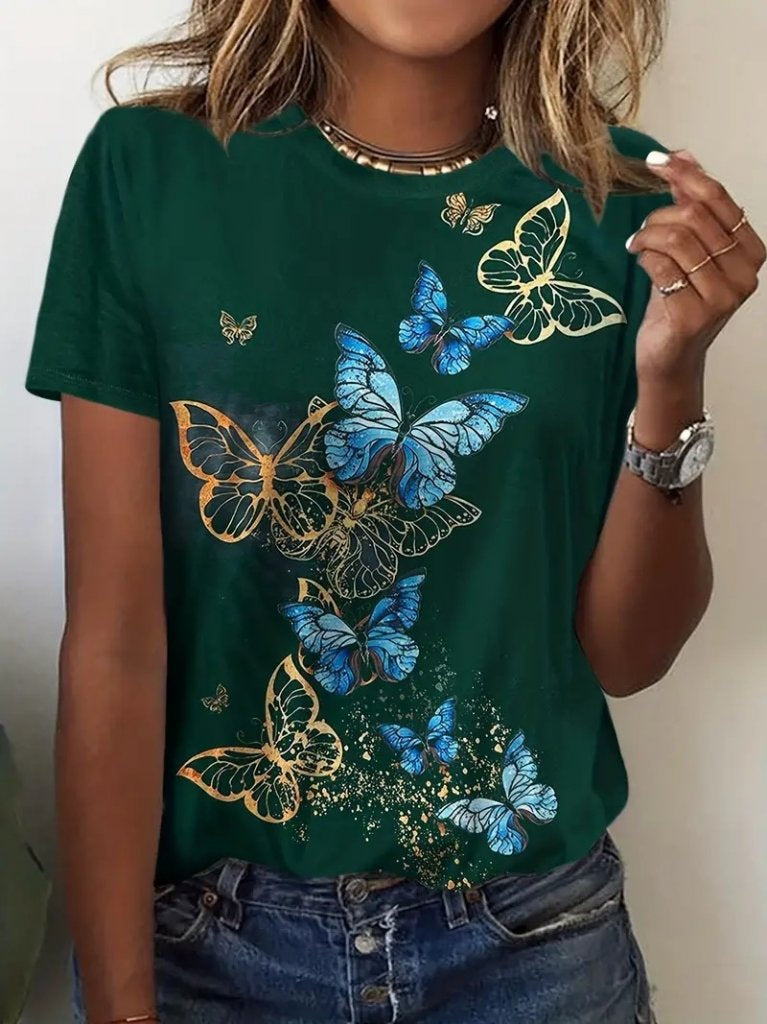 Women's Short Sleeve Blue Yellow Butterfly Print Supreme Blouse