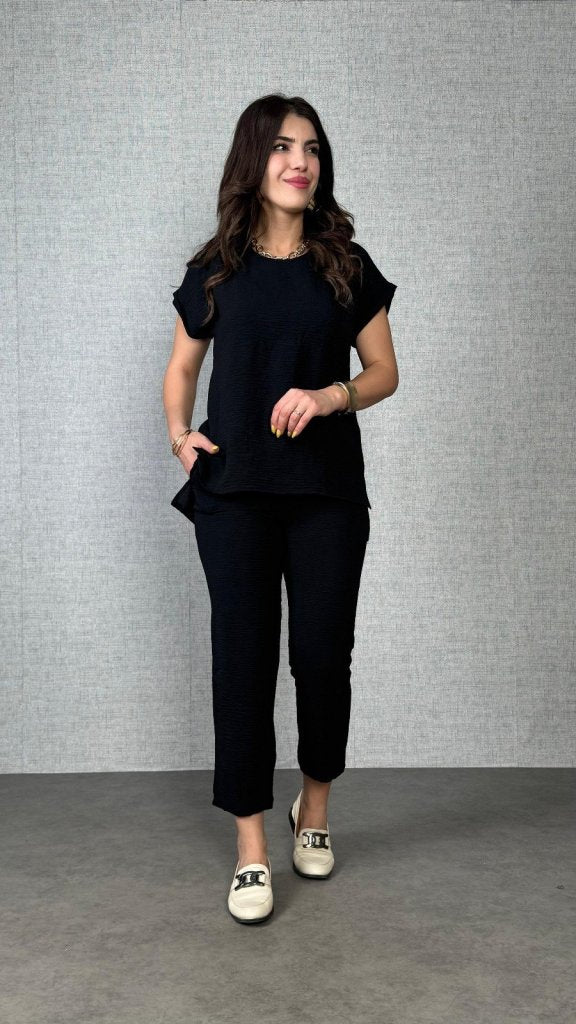 Women's Short Sleeve Round Neck Aerobin Blouse and Pants Two-Piece Set
