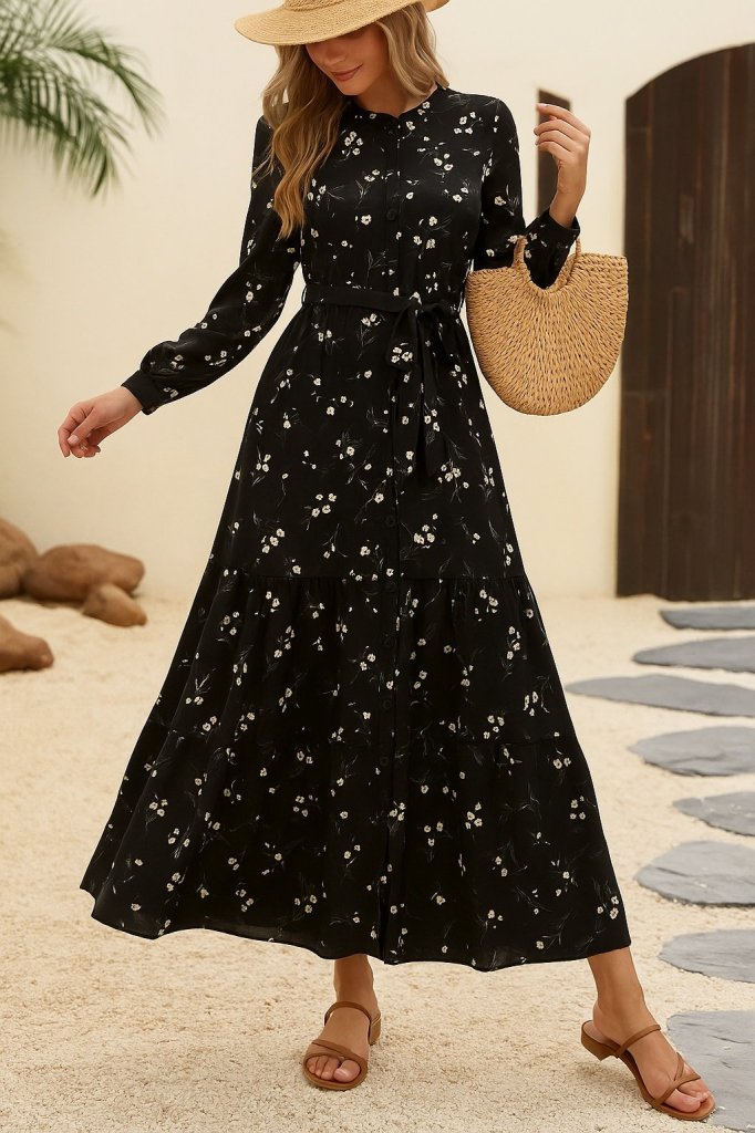 Women's Long Sleeve Stand Collar Buttoned Belted Patterned Maxi Micro Supreme Dress