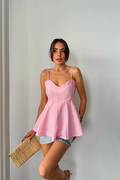 ÇİZGİLİ GOFRE ASKILI PENS DETAYLI BLUZ - Pembe