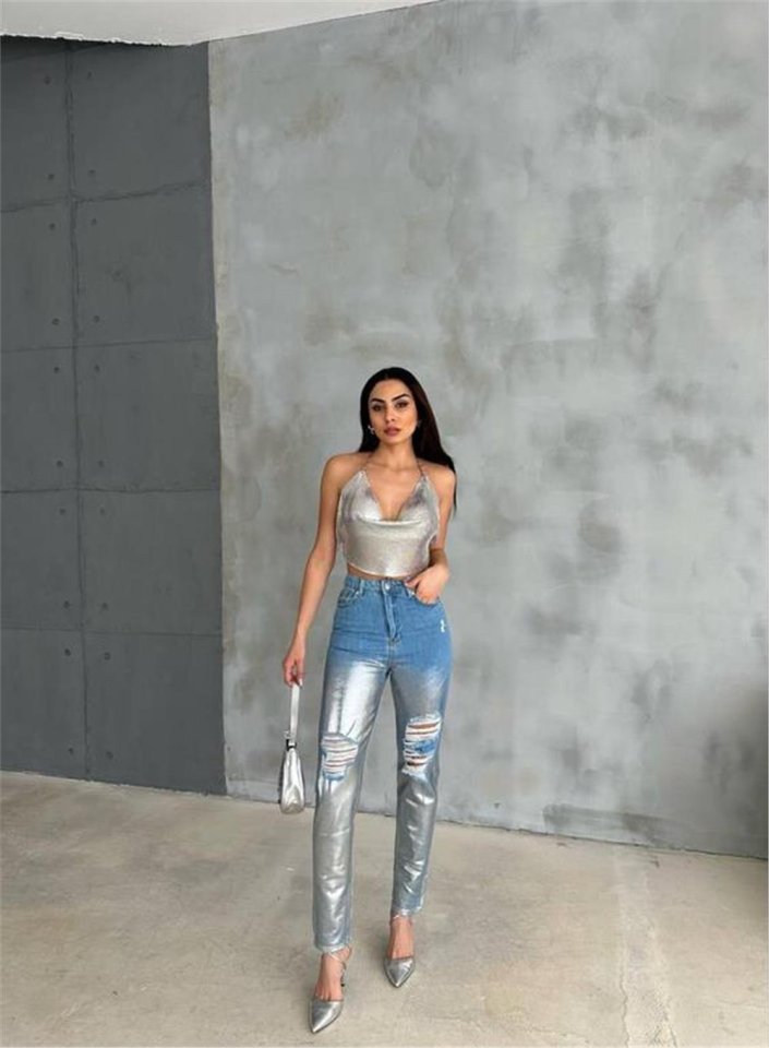 KNEE RIPPED FOIL-PRINTED MOM JEANS - Silver