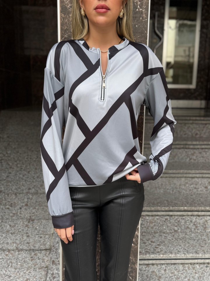 Women's Long Sleeve Round Neck Zippered Patterned Brushed Blouse