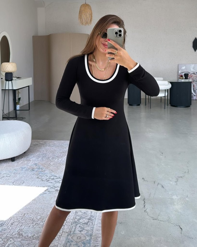 Women's Long Sleeve Crew Neck Midi Viscose Two-Thread Dress
