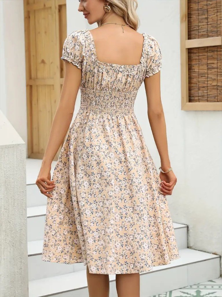 Women's Short Sleeve Wrap V-Neck Shirred Waist Floral Print Suprema Dress