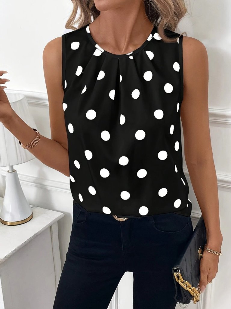 Women's Sleeveless Ruched Collar Polka Dot Satin Blouse