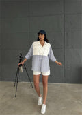 GABARDINE SHORTS - GABARDINE - STRIPED LINEN TRIMMED JACKET SUIT - Navy Blue