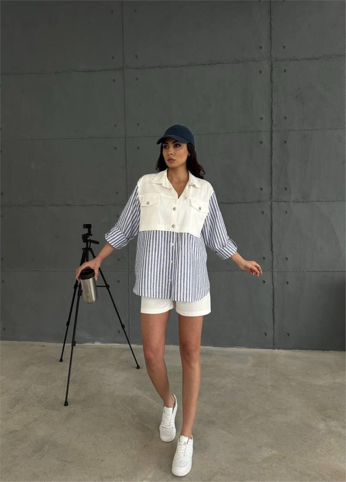 GABARDINE SHORTS - GABARDINE - STRIPED LINEN TRIMMED JACKET SUIT - Navy Blue