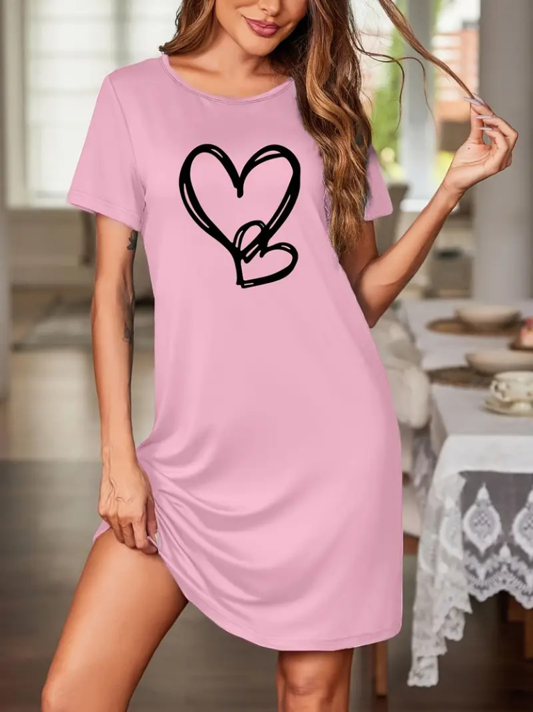 Women's Short Sleeve Crew Neck Heart Pattern Viscose Dress