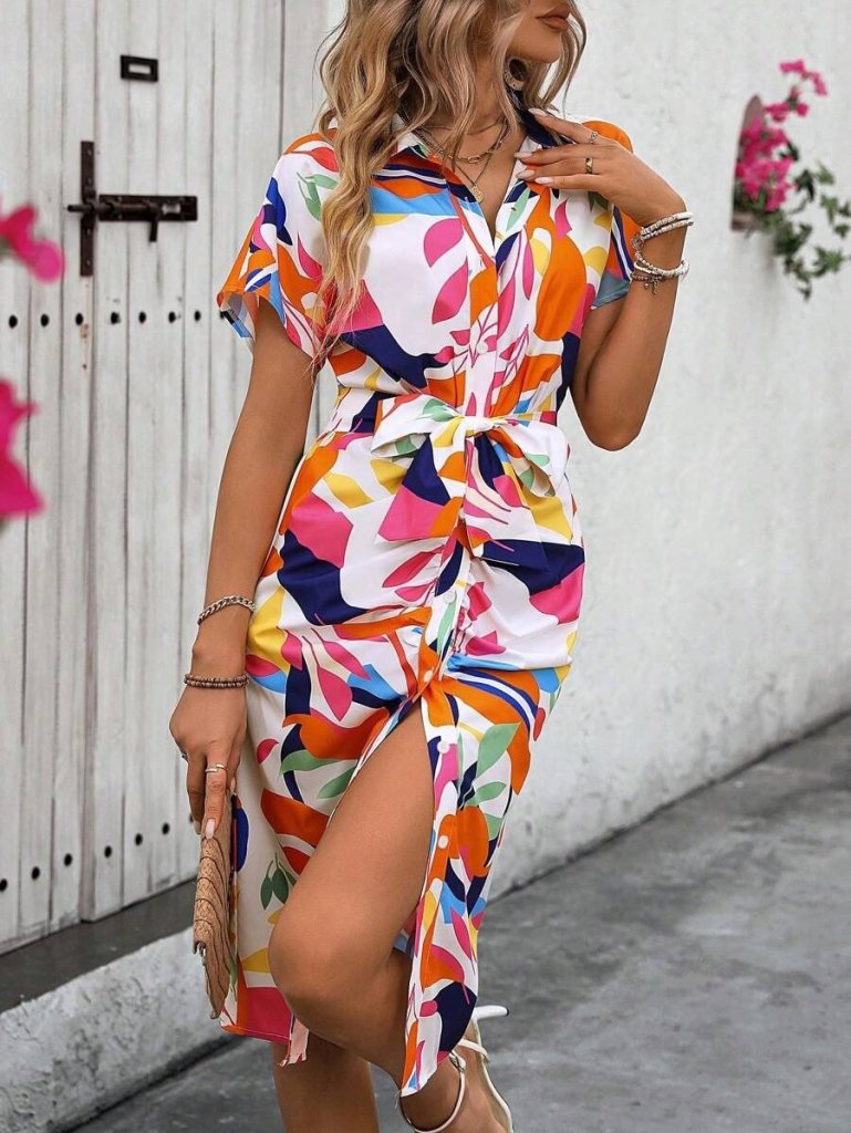 Women's Short-Sleeve Collared Button-Front Draped Patterned Interlock Dress