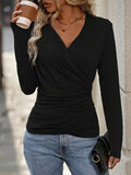 Women's Long Sleeve Wrap Neck Ruched Sides Viscose Blouse
