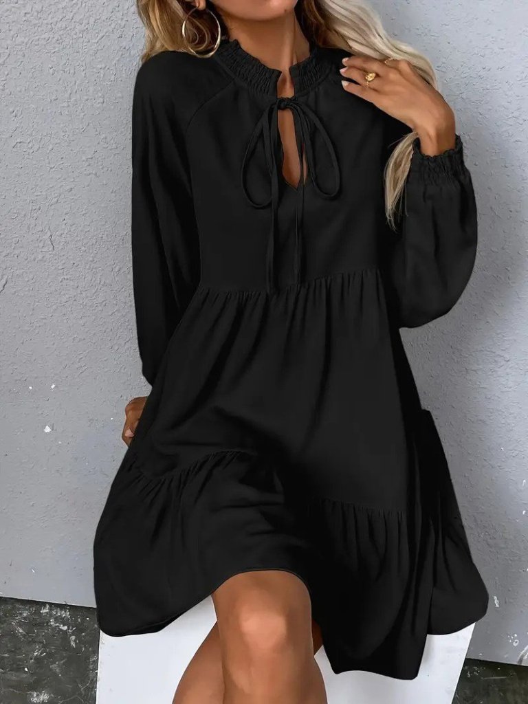 Women's Long Sleeve Tie-Neck Ruffled Linen Mini Dress