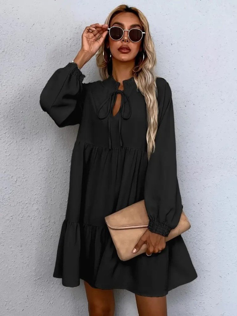 Women's Long Sleeve Tie-Neck Ruffled Linen Mini Dress