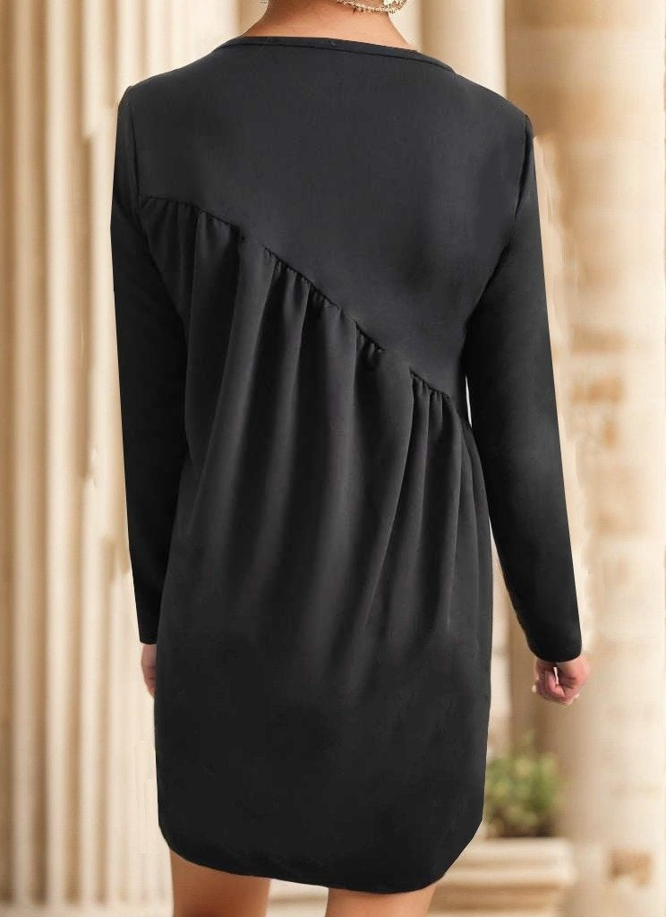 Women's Long Sleeve Crew Neck Crossover Ruched Detail Two-Thread Mini Dress