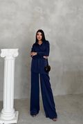 SHIMMER FABRIC RELAXED FIT PANT AND SHIRT SET - Navy