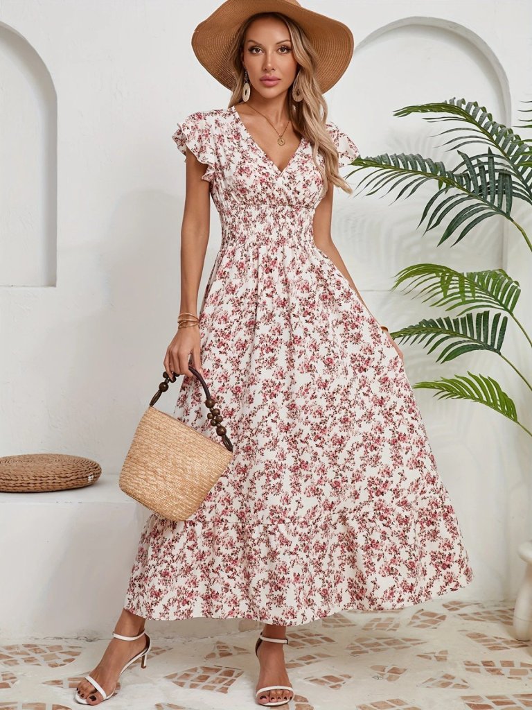 Women's Short Sleeve Wrap V-neck Elastic Waist Floral Dress