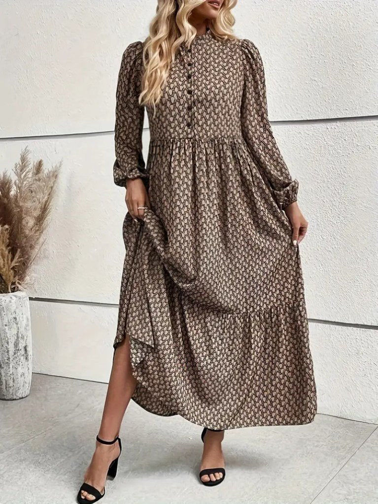 Women's Long Sleeve Stand Collar Buttoned Beltless Patterned Maxi Supreme Dress