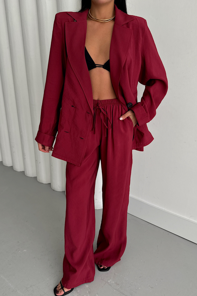 MODAL 4-BUTTON UNLINED JACKET AND TROUSERS SET - Burgundy
