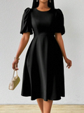 Women's Short Puff Sleeve Crew Neck Flared Shimmer Crepe Dress
