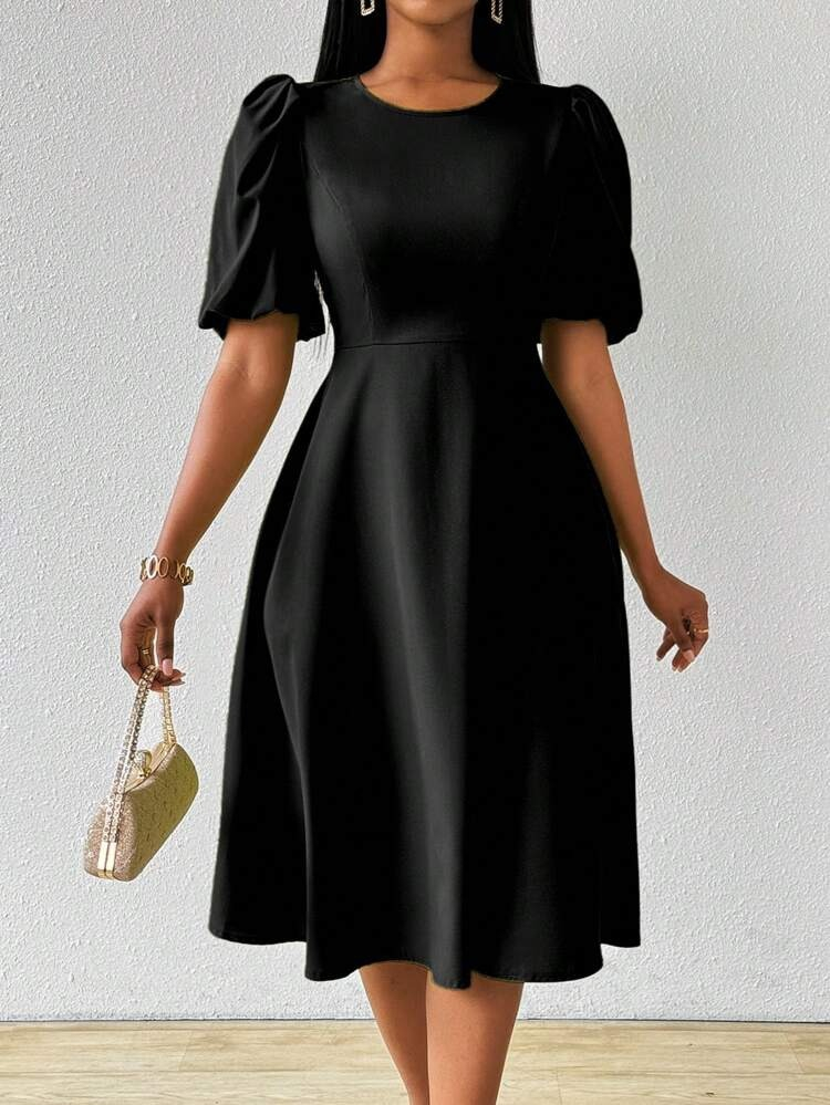 Women's Short Puff Sleeve Crew Neck Flared Shimmer Crepe Dress
