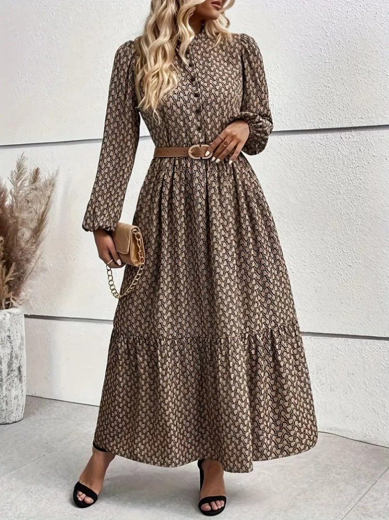 Women's Long Sleeve Stand Collar Buttoned Beltless Patterned Maxi Supreme Dress