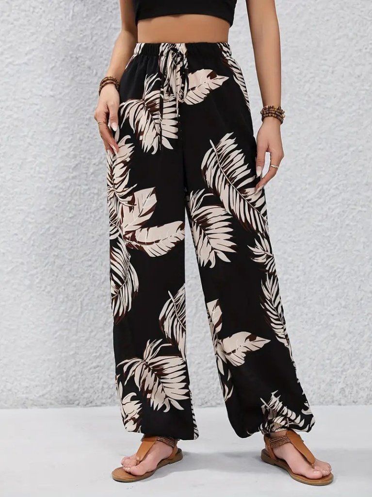 Women's High Waist Lace-Up Leaf Pattern Supima Pants