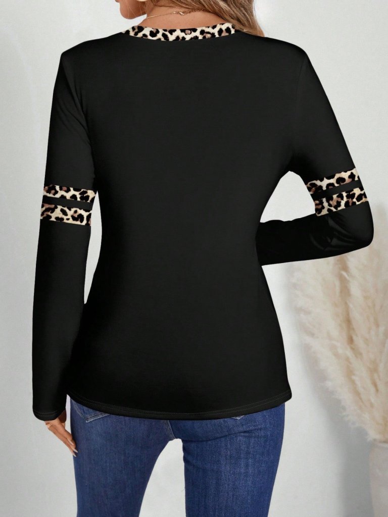 Women's Long Sleeve V-Neck Leopard Print Viscose Double-Thread Blouse