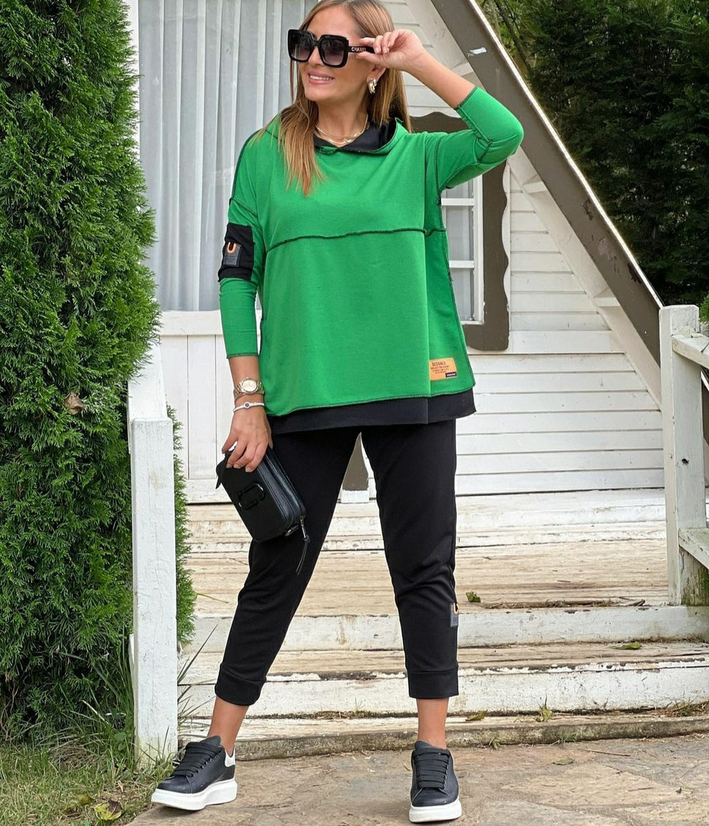 Women's Green Hooded Skirt Hem Detail Patch Two-Piece Set with Reverse Stitching Look