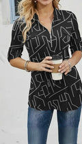 Women's Long-Sleeved Stand-Up Collar Quarter-Zip Geometric Print Supima Blouse