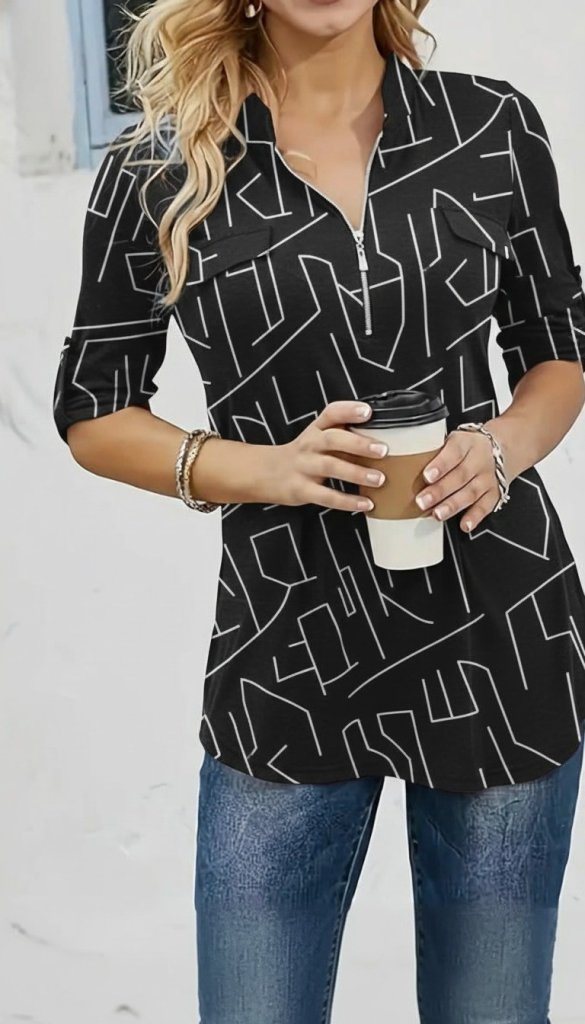 Women's Long-Sleeved Stand-Up Collar Quarter-Zip Geometric Print Supima Blouse