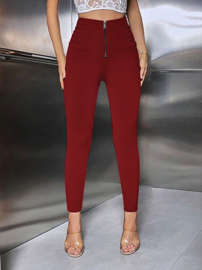 Women's High-Waist Scuba Leggings with Front Zipper and Rib Detail