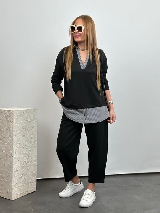 Two-Piece Set with Polo Collar Shirt and Loose Balloon Trousers
