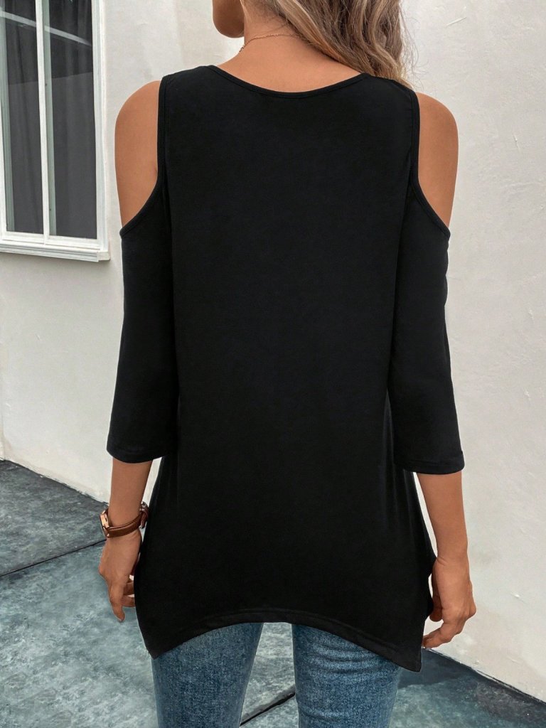 Women's Off-the-Shoulder Round Neck Asymmetric Cut Detail Viscose Blouse