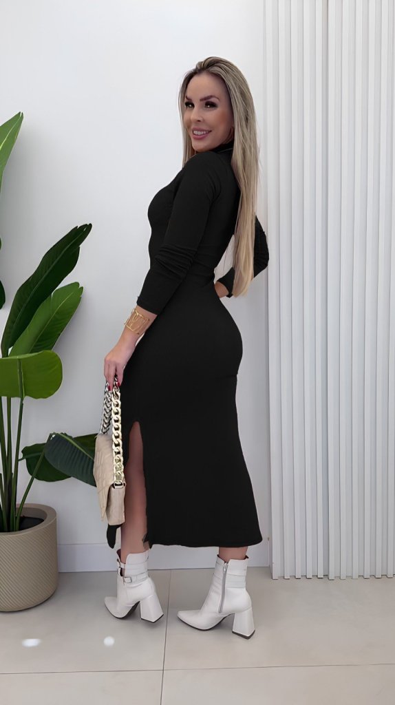 Women's Long Sleeve Turtleneck Ribbed Knit Side Slit Maxi Dress