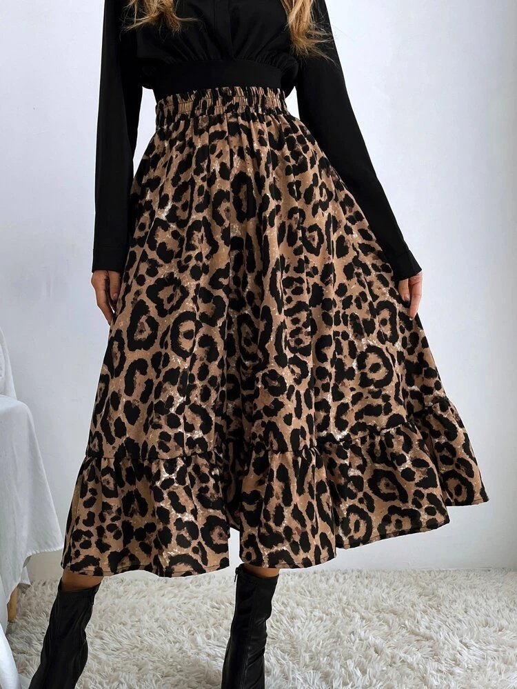 Kadın Uzun Kollu Kruvaze Yakalı Ithal Krep Bluz Ve Leopar Desenli Süprem Uzun Elbise