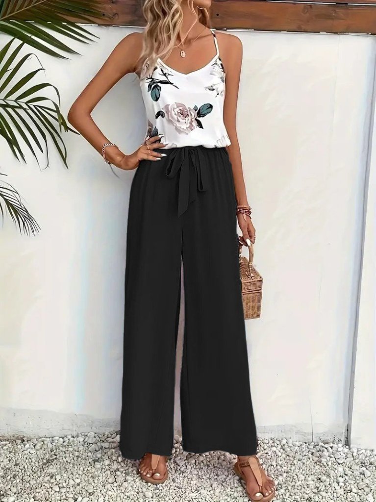 Women's Strappy V-Neck Supreme Blouse and Aerobin Pants Two-Piece Set