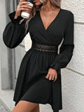 Women's Long Sleeve Wrap Collar Lace Detail Zipper Detail Short Imported Crepe Dress