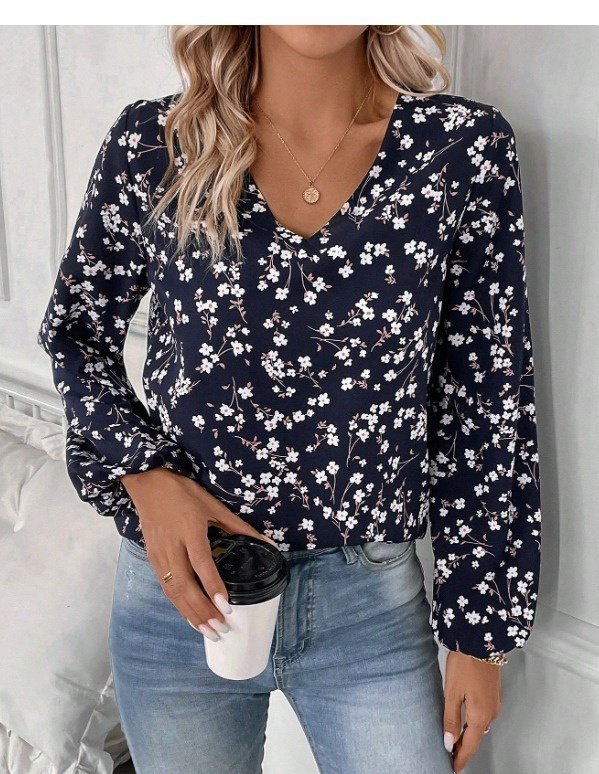 Women's Long Sleeve V-Neck Floral Modal Blouse