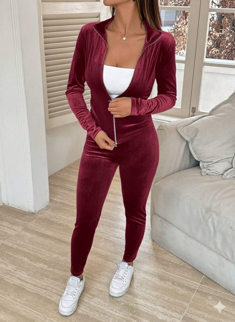 Women's Long Sleeve Front Zipper Velvet Blouse and Pants Two Piece Set