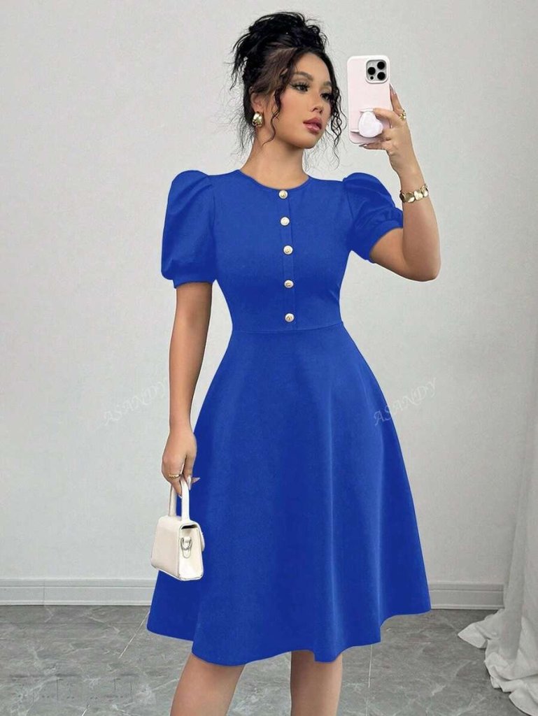 Women's Short Sleeve Crew Neck Button-Front Imported Crepe Dress