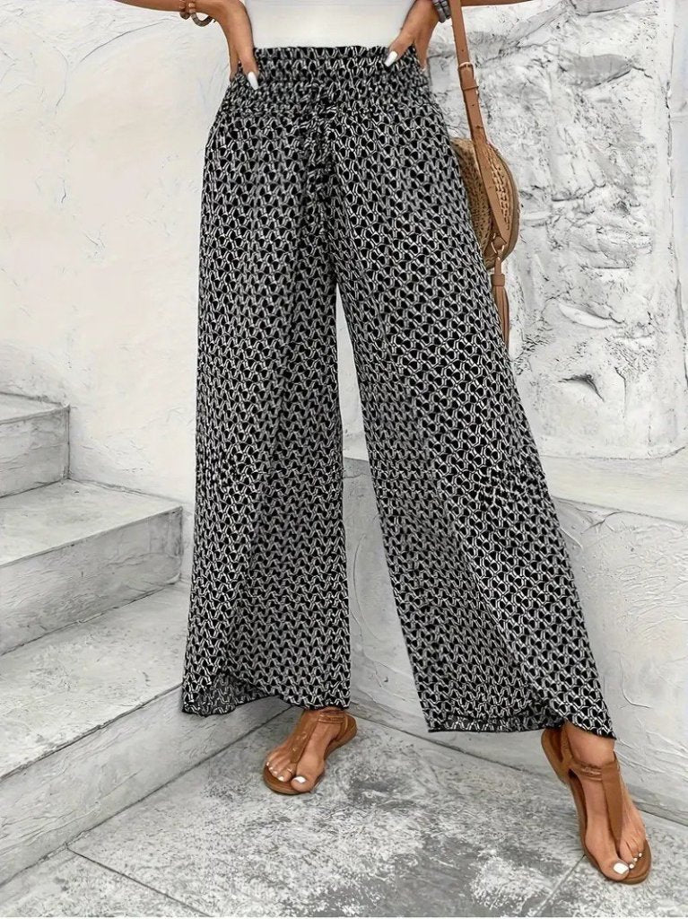 Women's High Waisted Elasticated Two-Piece Front Patterned Crepe Trousers