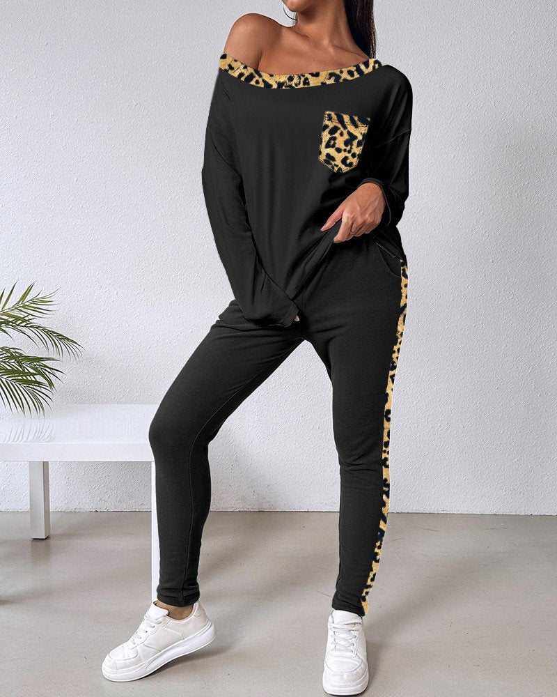 Women's Long Sleeve Leopard Detail Viscose Two-Thread Two-Piece Set