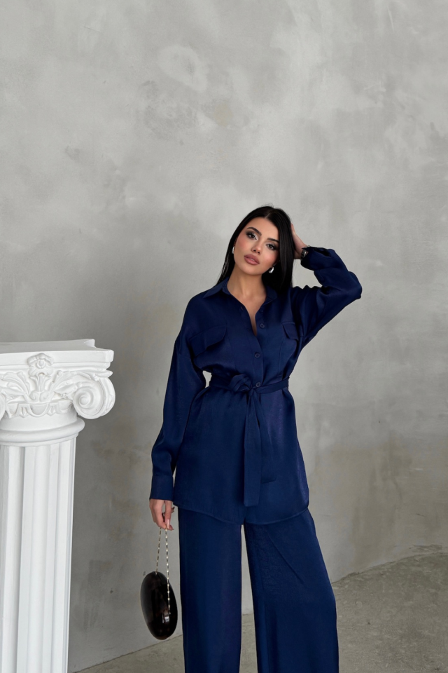SHIMMER FABRIC RELAXED FIT PANT AND SHIRT SET - Navy