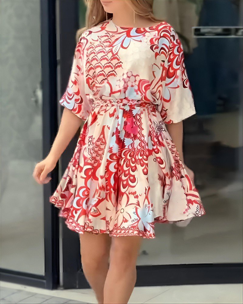 Women's Short Puff Sleeve Round Neck Pleated Patterned Mini Dress